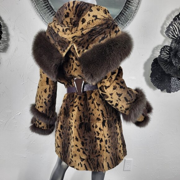 MITCHIE'S~M/L~BROWN GENUINE FOX FUR REAL RABBIT LEOPARD ANIMAL PRINT HOODED COAT - Picture 1 of 16